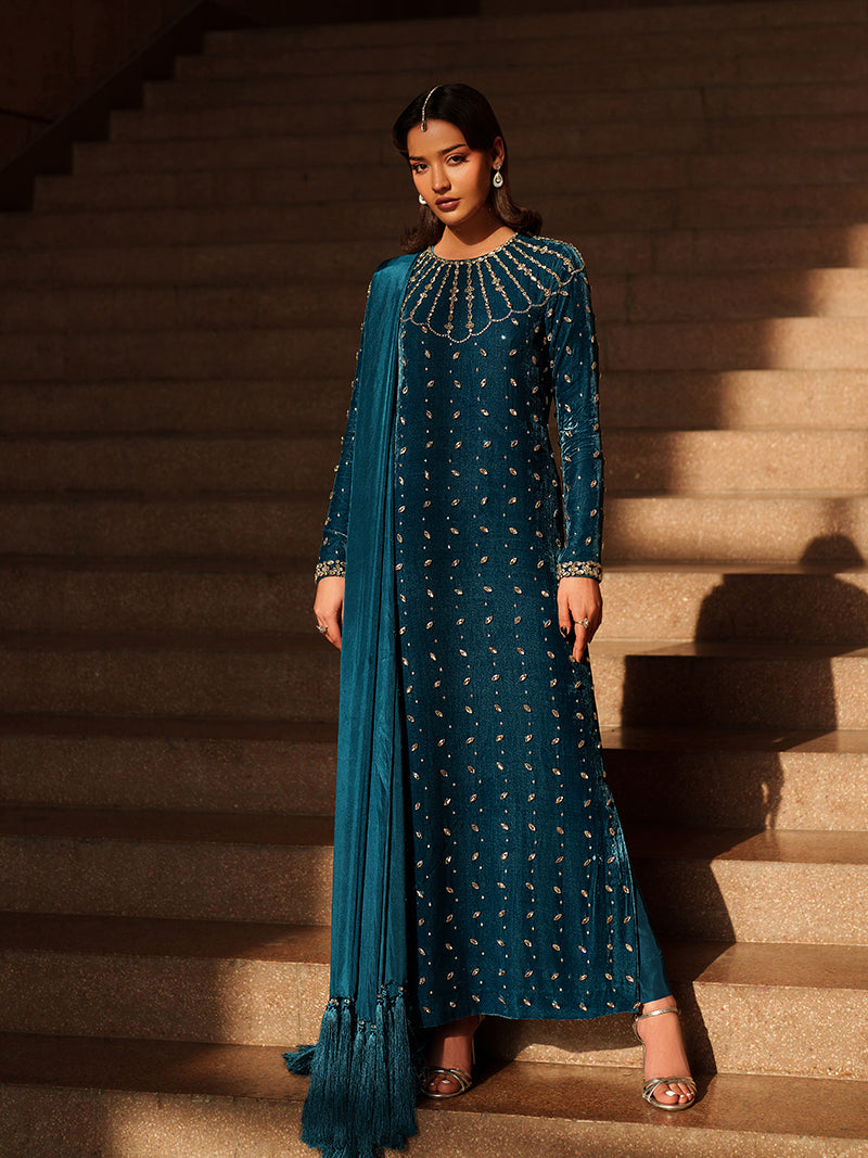 CAIA Nora Blue sapphire teal velvet dress with crystal yoke and silk tasseled dupatta
