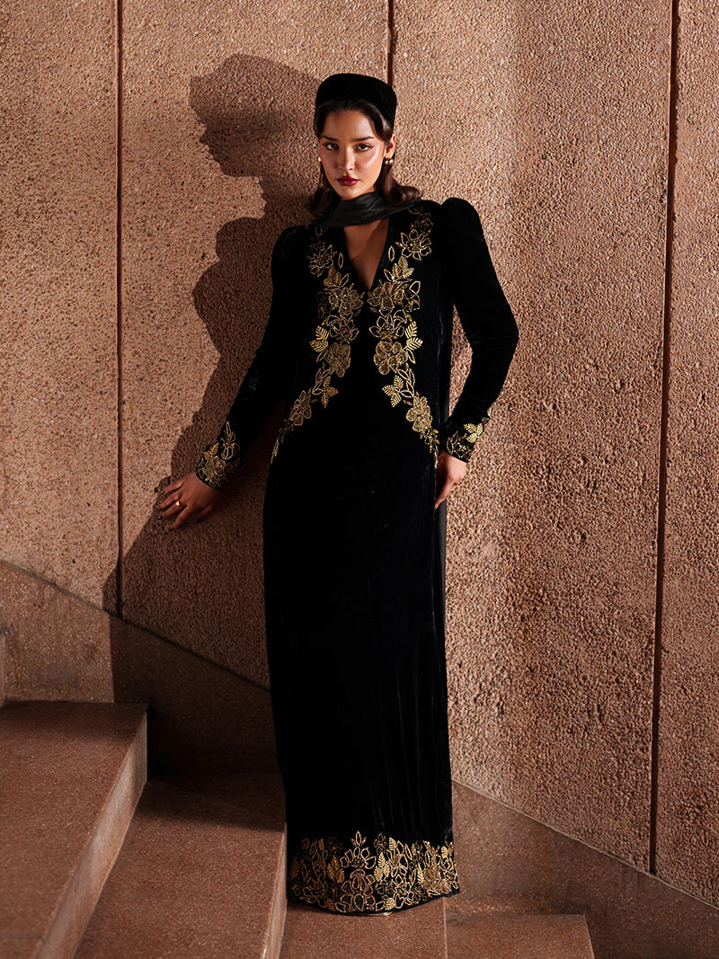 CAIA Eclipse structured black velvet maxi dress with V-neckline and waist-contouring gold embroidery