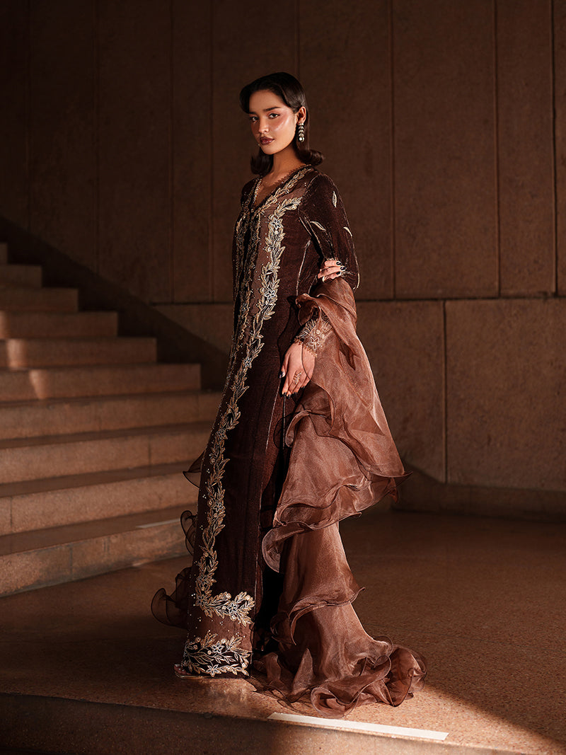 CAIA Hazel coffee brown velvet formal ensemble with stabilized crystal hand embroidery
