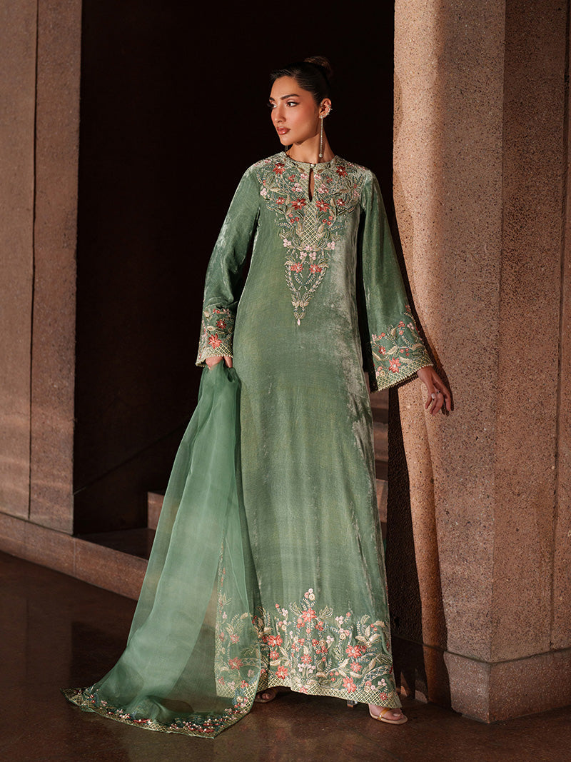 CAIA Zaria seafoam green velvet formal dress with embroidered organza dupatta