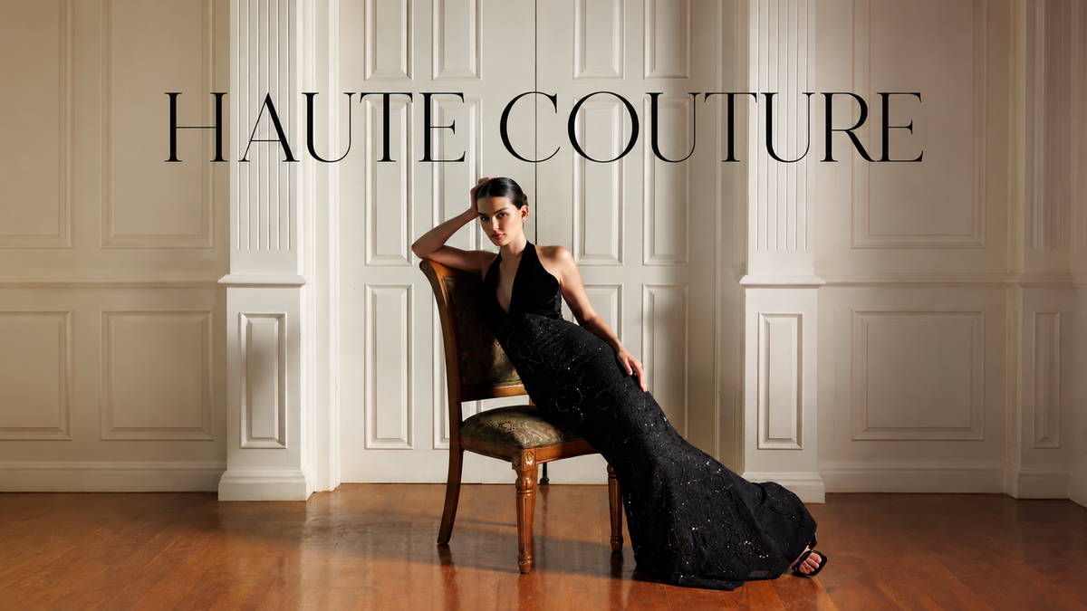 CAIA Smoky Black velvet haute couture formal dress showing deep matte light absorption